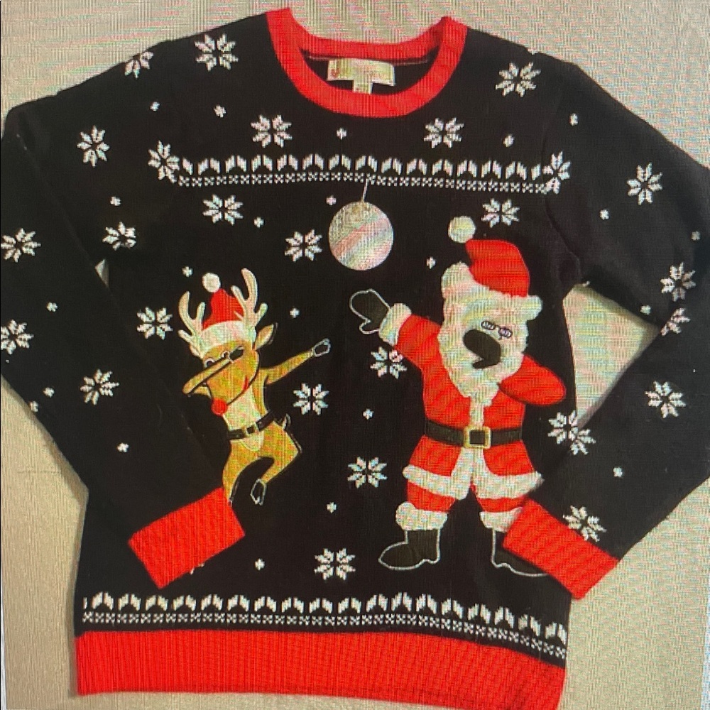 Holiday Black and Red Sweater with Santa and Reindeer